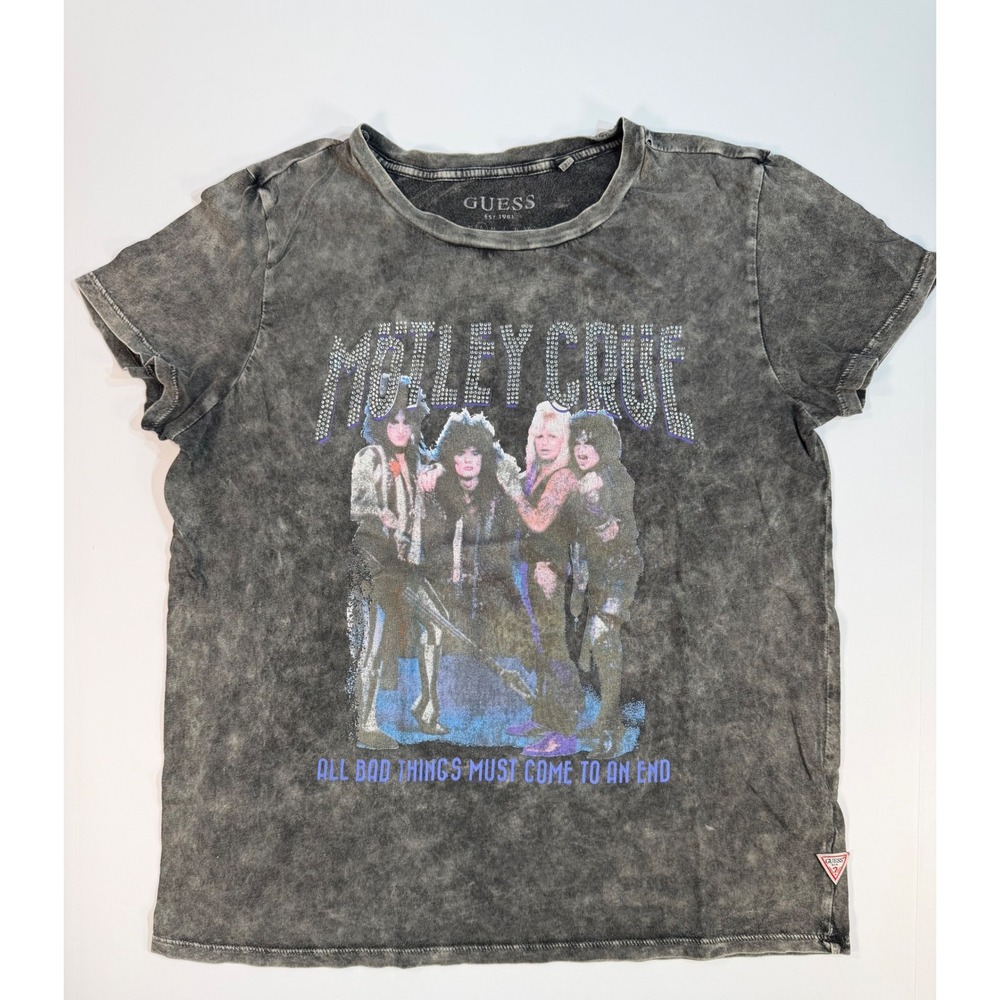 GUESS Motley Crue Rhinestone Graphic T-Shirt Acid Wash Gray Small Rock Band Tee